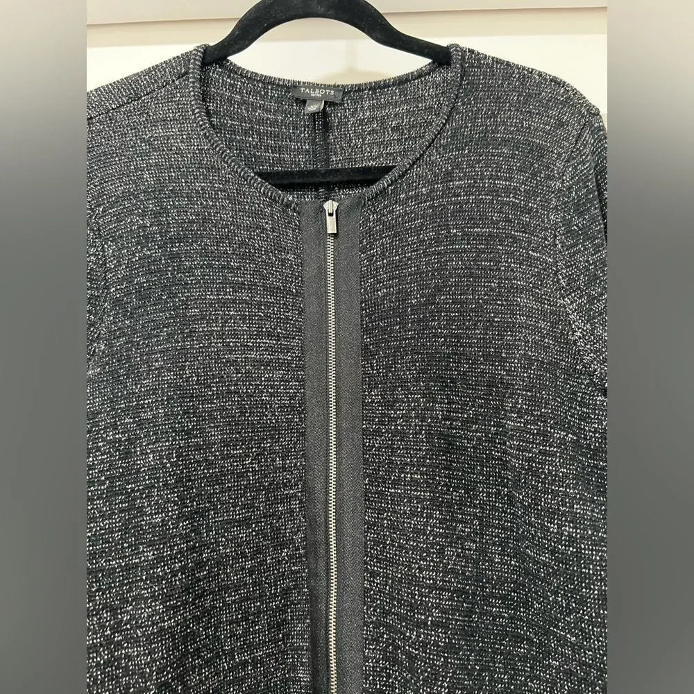 Talbots Petite Large Heathered Black White‎ Knit Full-Zip Cardigan Jacket